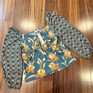 New NWT Les Serein Teal Green Floral Top Long Sleeve Elastic Cuff Boho Size XL